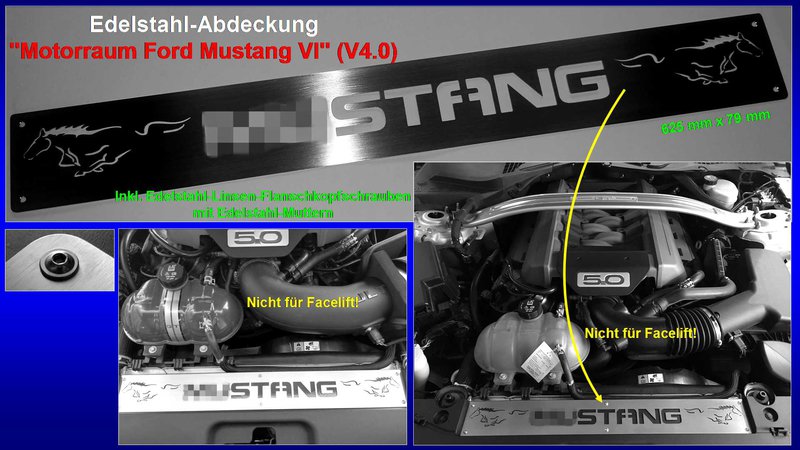 Präsentation Edelstahl-Abdeckung ''Motorraum Ford Mustang VI'' (V4.0) [MUSTANG-Schrift u. Pony links und rechts, 6 Löcher].jpg