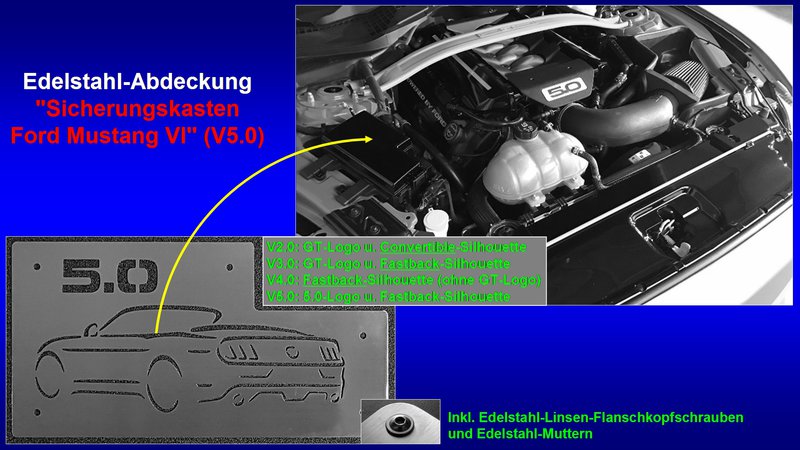 02_Präsentation Edelstahl-Abdeckung __Sicherungskasten Ford Mustang VI__ (V5.0) [5.0-Logo u. Convertible-Silhouette].jpg